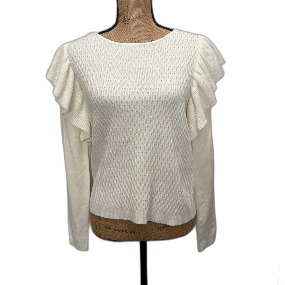Bishop + Young Cream White Shoulder Ruffle Sweater Girly‎ Coquette Size Medium
